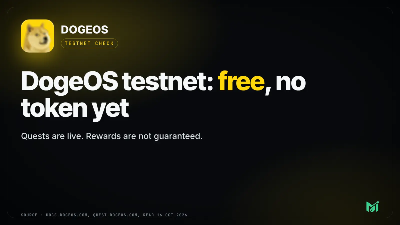 DogeOS logo and the title: DogeOS testnet, free, no token yet, on a dark gold-lit card.